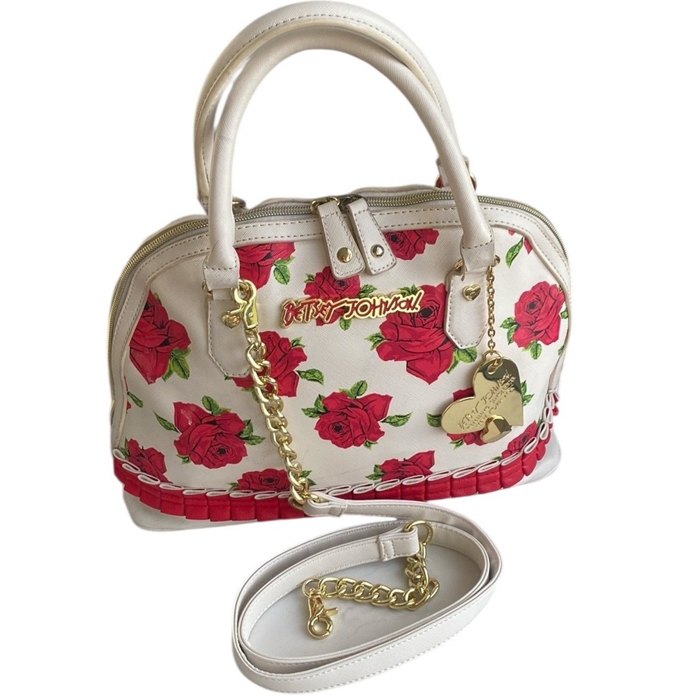 BETSY JOHNSON Rare White Red Floral Gold tone Heart Charm dome shape Satchel Bag